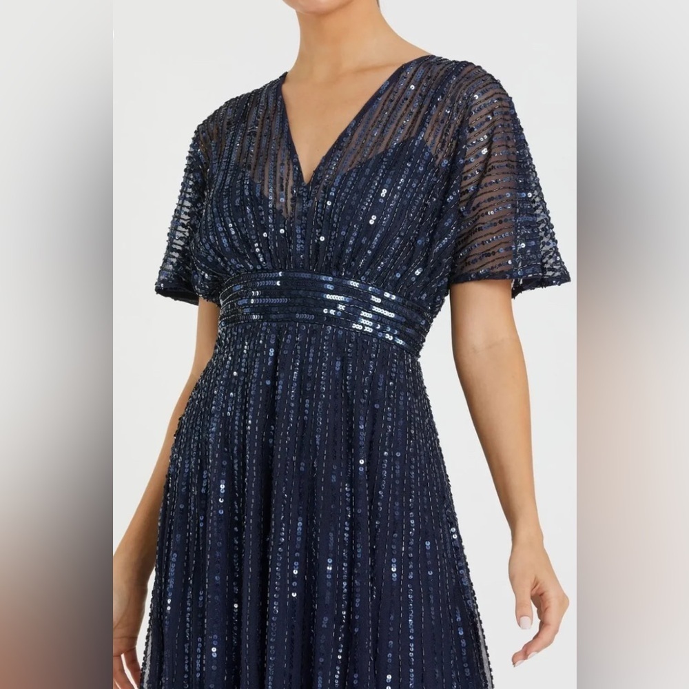 NWT | Mac Duggal 14007 Midnight Blue Navy A Line Embellished Midi Dress Size 12